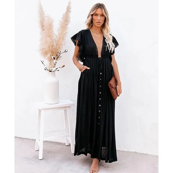 SOLD OUT Black Gauze Boho Raw Hem Button Maxi Dress - Picture 4 of 8